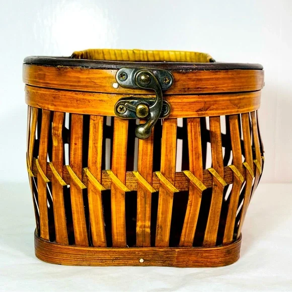 Vintage Round Bamboo Wood and BrassTreasure Chest Basket - Picture 1 of 7